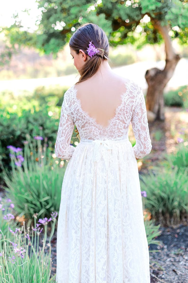 Long sleeve Bohemian Boho Flower girl dress , White Lace Tulle Girl Dr –