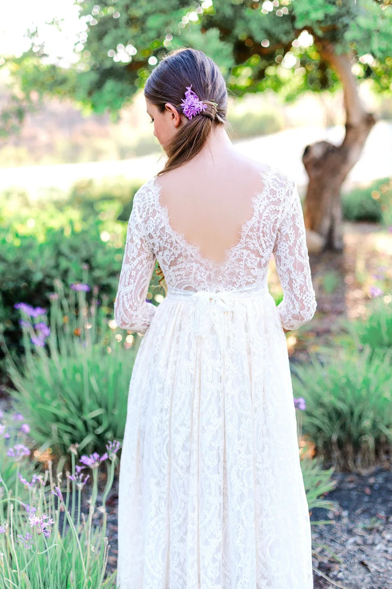boho flower girl dresses long sleeve Long Sleeve Ball Gown Jewel Neck Lace Tulle Flower Girl Dress - 27d